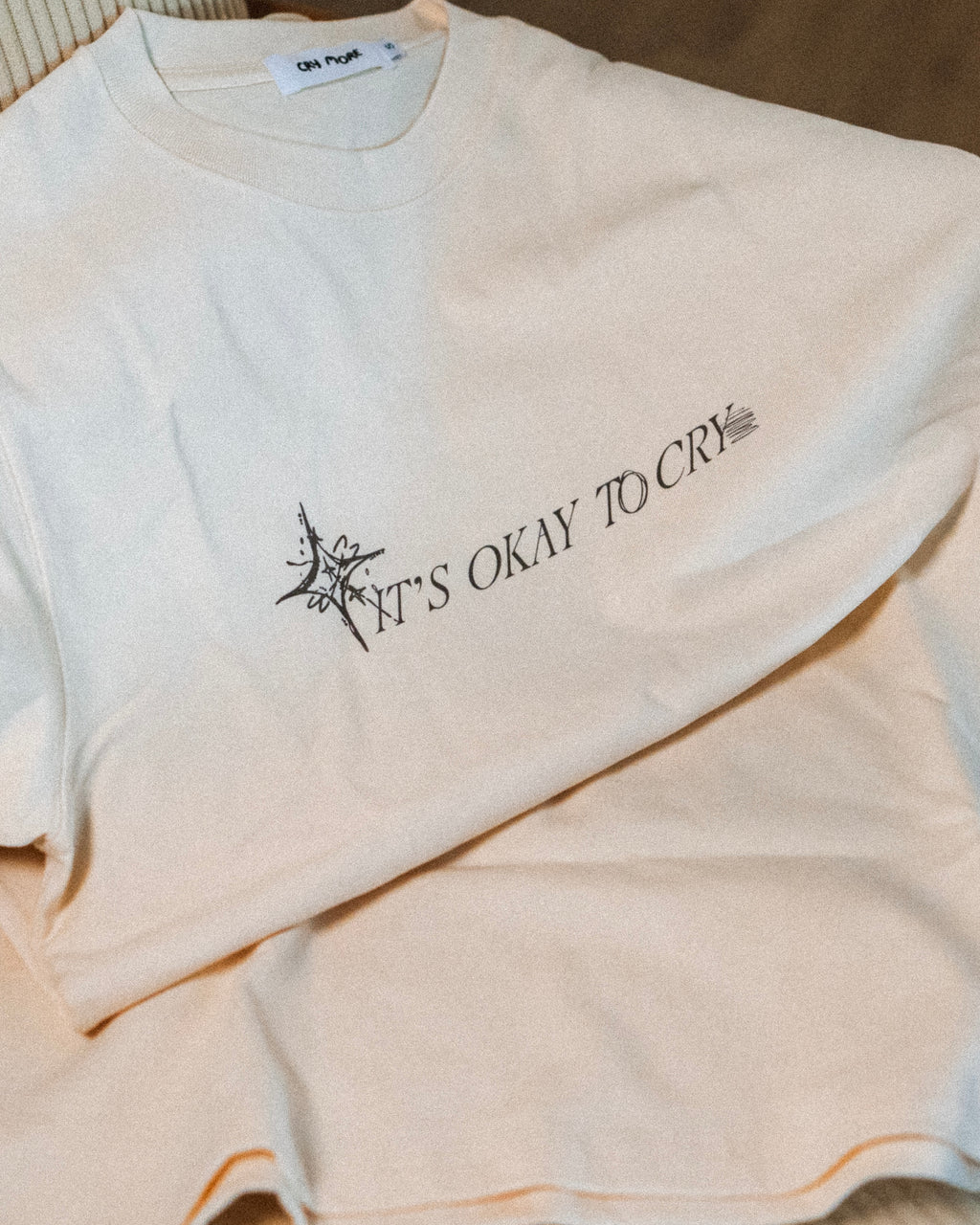 "It's Okay to Cry" Drop Shoulder Tee - Milk Apricot