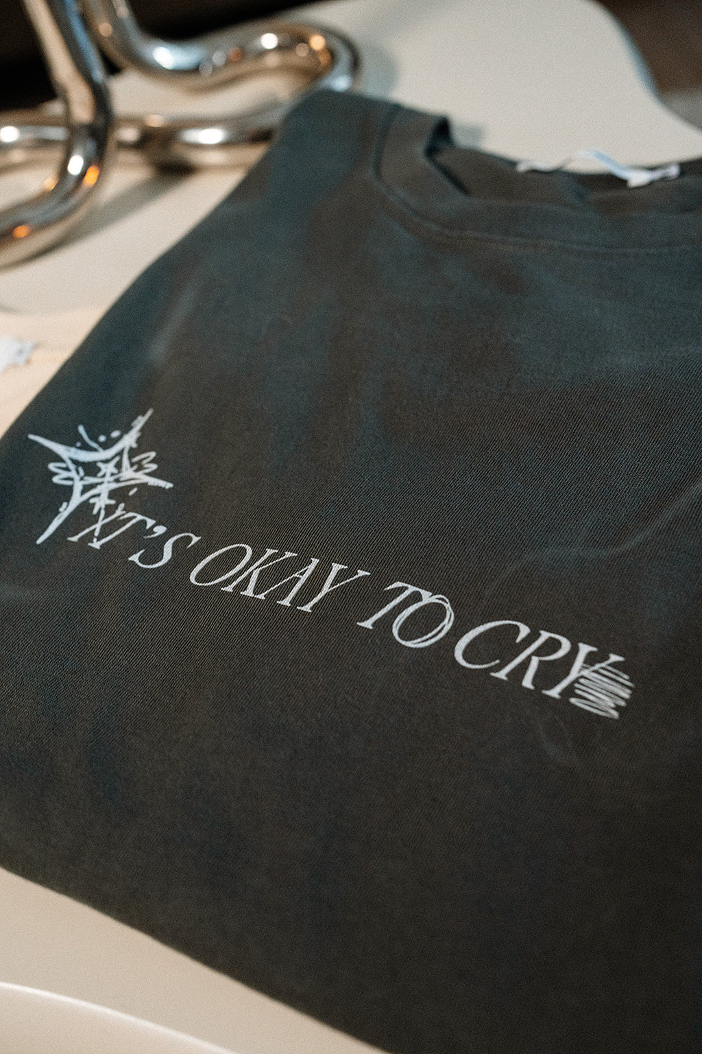 "It's Okay to Cry" Drop Shoulder Tee - Dark Gray