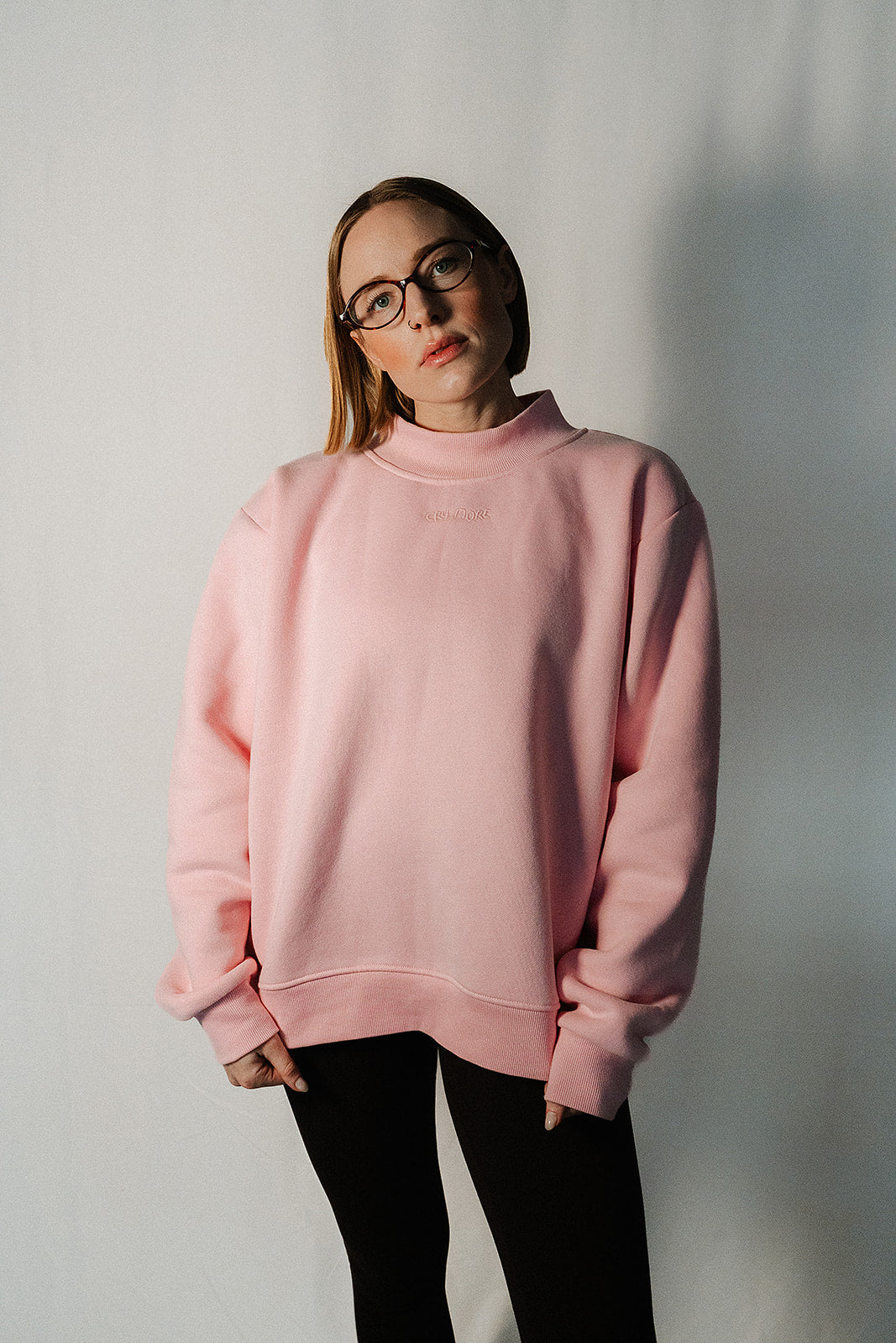 "Cry More" Embroidered Mock Neck - Pink
